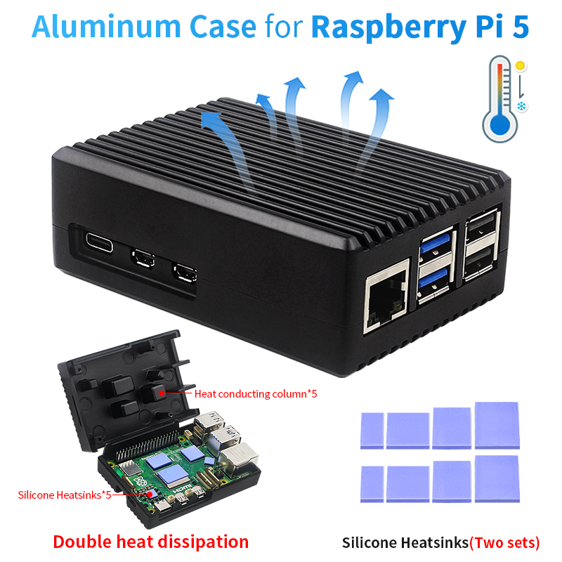 Raspberry Pi 5 8Gb Kit - Raspberry Pi 5 เคสโลหะผสมอลูมิเนียมเปลือกโลหะพร้อมฮีทซิงค์ซิลิโคนตู้ระบายความร้อนแบบพาสซีฟสําหรับ Raspberry Pi